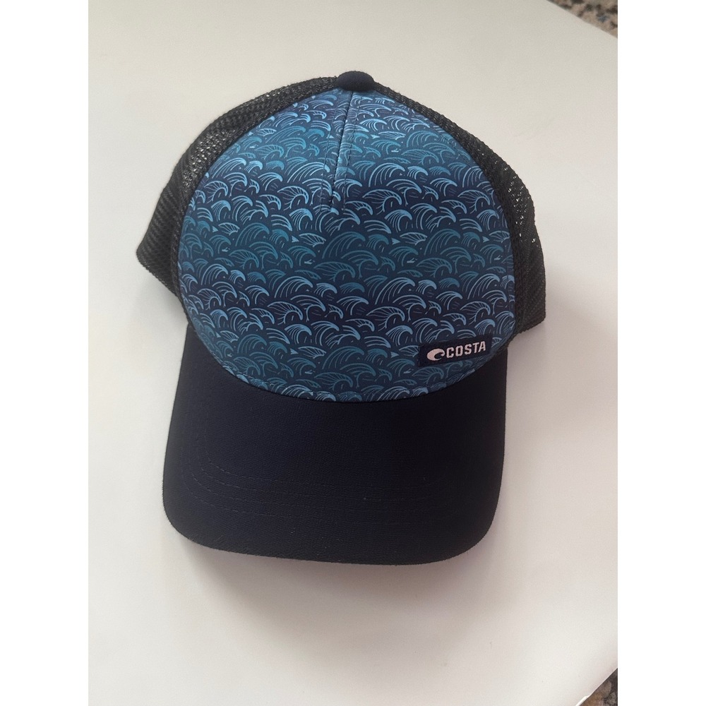 Costa Del Mar Trucker Hat Blue Wave Print Mesh Snapback Fishing Cap Black HA 101